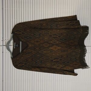 Cozy Nina Leonard Olive Fringed Sweater – Size Large, Boho-Chic Print